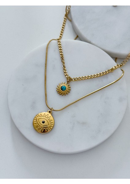 Çelik Göz-Turkuaz Taşı 2li Kolye fiyatları