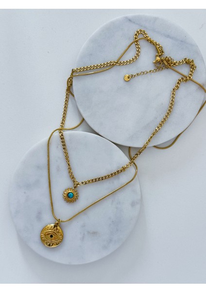 Çelik Göz-Turkuaz Taşı 2li Kolye modelleri