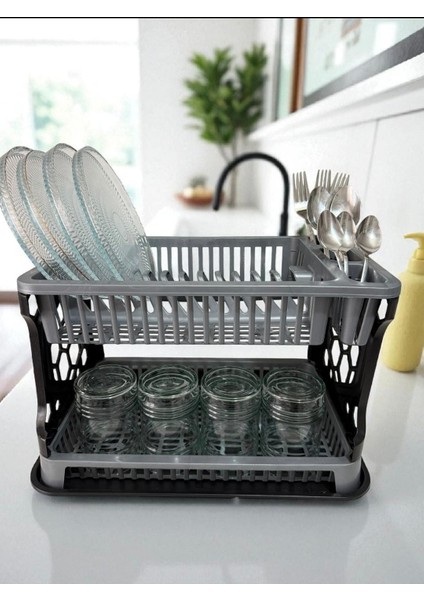 2 Katlı Plastik Bulaşık Kurutmalık – Tabaklık & Kaşıklık Bölmeli, Pratik Tezgah Üstü Tabaklık fiyatları