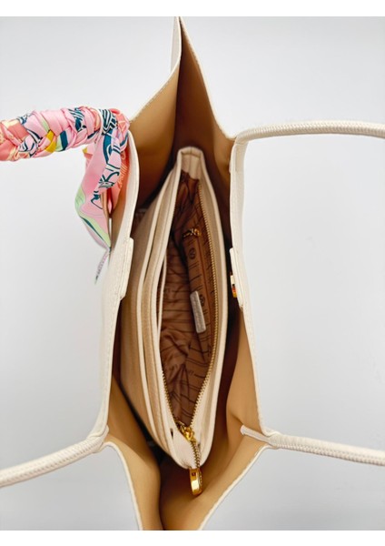 Krem Fular Detaylı Omuz Çantası Orijinal Levid'or Premium