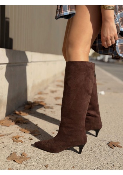Remni Kadın Topuklu Çizme Acıkahve Süet