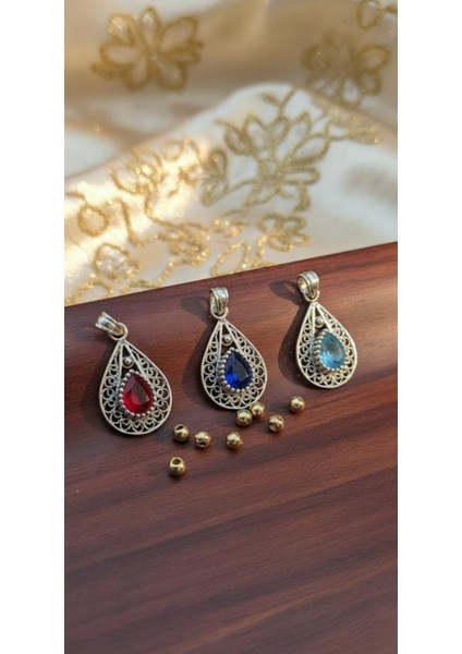 Otantik Telkari | Doğal Taşlı (Yakut,safir,topaz) Damla Kolye Ucu | 925 Gümüş El Işçiliği (Varyantlı) fiyatları