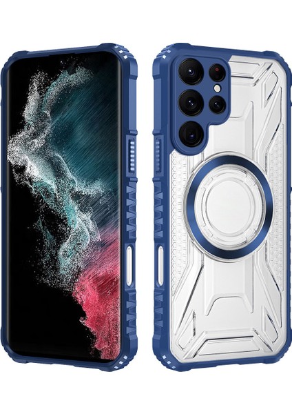 Case For Samsung Galaxy S22 Ultra 5g Için Manyetik Halkalı Şeffaf Akrilik Darbeye Dayanıklı Koruyucu Kılıf-Mavi (Yurt Dışından)