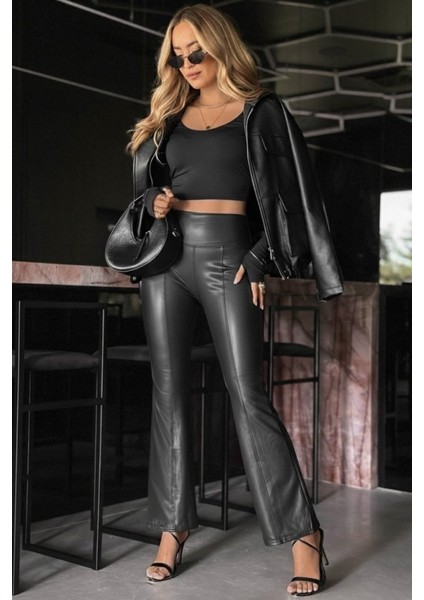 Kadın Yüksek Bel Paçaya Doğru Geniş Deri Pantolon fırsatları
