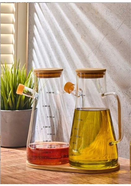 2’li Cam Yağdanlık Seti – Bambu Altlıklı, Şık ve Pratik Mutfak Yağ Şişesi
