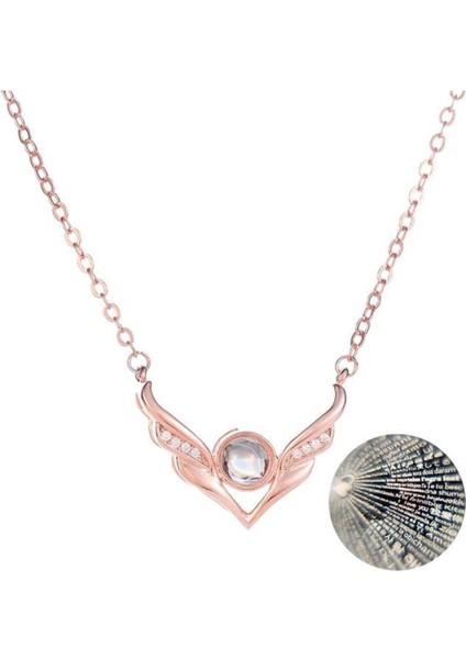 Pembe Zirkon Taşlı Kanat Desenli Şık Projeksiyon Zincir Kolye