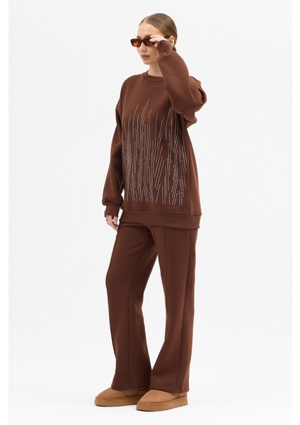 Serpme Taşlı Detaylı Kalın Pamuklu Şık Uzun Kollu Fermuarlı Kadın Tasarım Eşofman Takımı