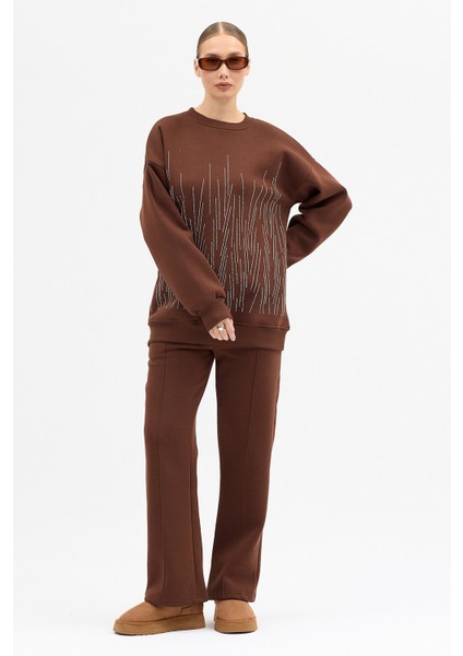 Serpme Taşlı Detaylı Kalın Pamuklu Şık Uzun Kollu Fermuarlı Kadın Tasarım Eşofman Takımı fiyatları