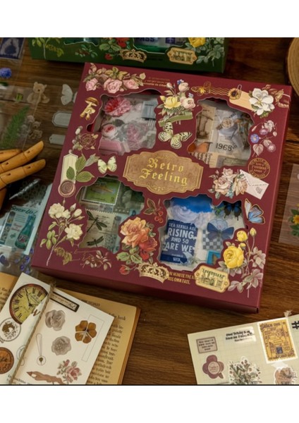 Retro Vintage Scrapbooking Sticker Seti 100 Adet Çiçekli Dekoratif Albüm ve Günlük Süsleme Malzemesi Kutulu