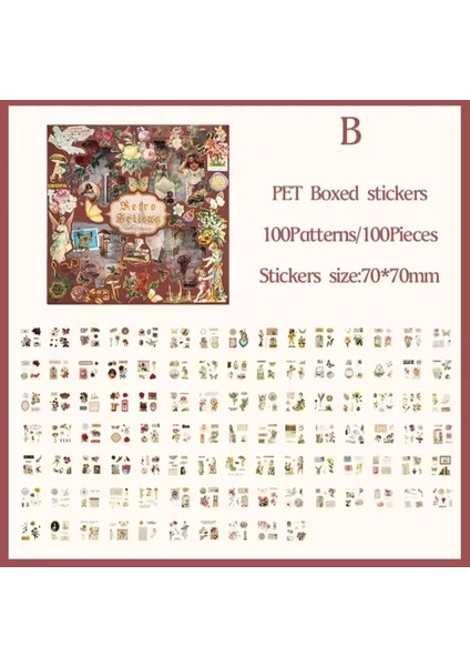 Retro Vintage Scrapbooking Sticker Seti 100 Adet Çiçekli Dekoratif Albüm ve Günlük Süsleme Malzemesi Kutulu