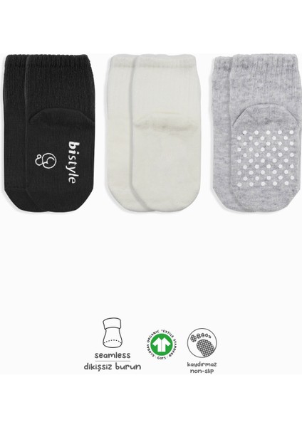 Bistyle Basic Kaymaz Penye Soket Çorap 3'lü BS10106 Siyah Ekru Gri