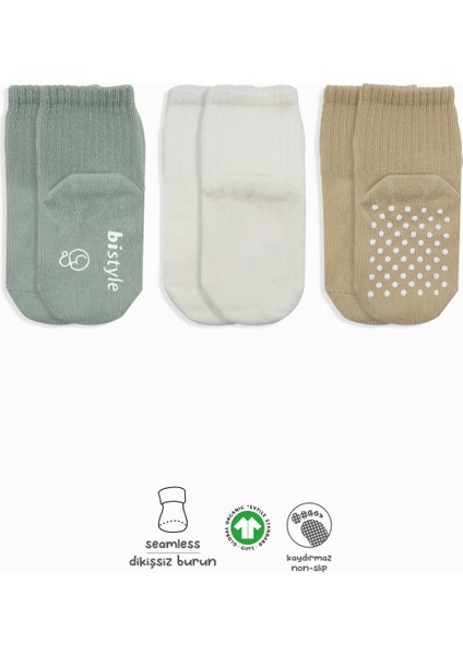 Bistyle Basic Kaymaz Penye Soket Çorap 3'lü BS10106 Nil Ekru Bej