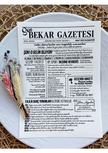 Bekarlığa Veda Partisi Gazetesi 10 Adet Kişileştirilebilir