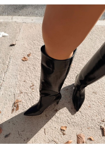 Remni Kadın Topuklu Çizme Siyah Kırışık Rugan fırsatları