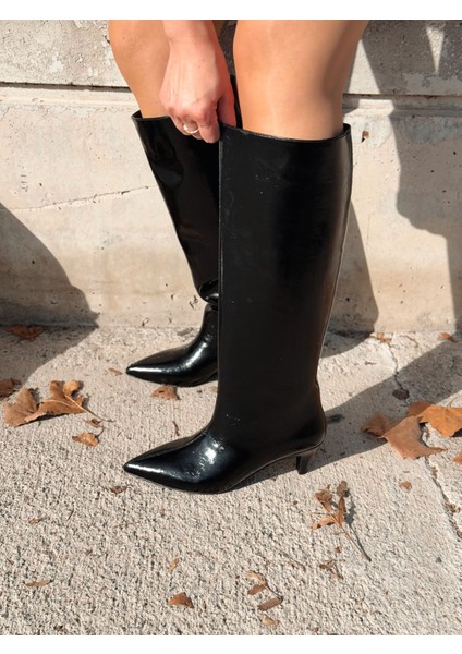 Remni Kadın Topuklu Çizme Siyah Kırışık Rugan indirimleri
