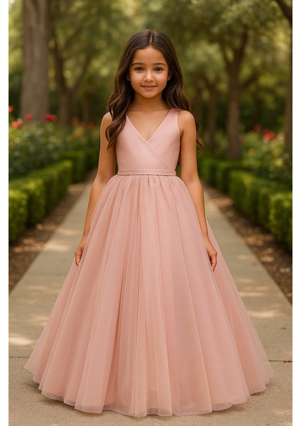 Prenses Model Kız Çocuk Abiye –fiyonk Detaylı Tül Elbise Modeli