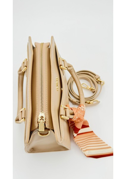 Koyu Krem Fular Askı Süslü Omuz Çantası Orijinal Levid'or Premium