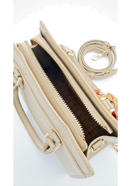 Koyu Krem Fular Askı Süslü Omuz Çantası Orijinal Levid'or Premium