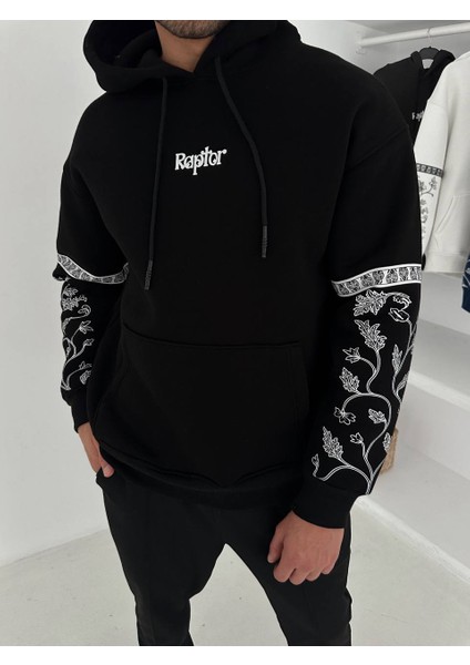 Raptor Kartal Kapüşonlu Sweat - Siyah Beyaz Kartal Oversıze Sweat