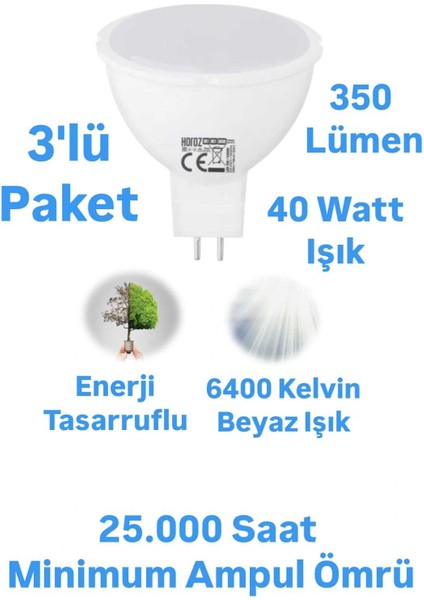 Horoz 5W MR16 LED Ampul Beyaz Işık 350 Lümen Spot Ampul Iğne Bacak Ampul 220 Volt