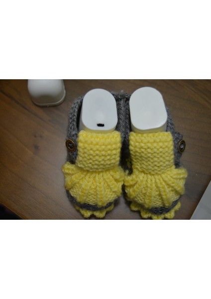 🧶 El Örgüsü Grı Sarı Köpek Desenli Bebek Patik