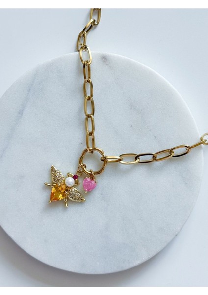 Çelik Arı Kalp Charm Kolye