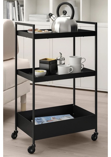 Siyah Çelik 3 Katlı Tekerlekli Servis Arabası, Dayanıklı ve Şık Tasarım