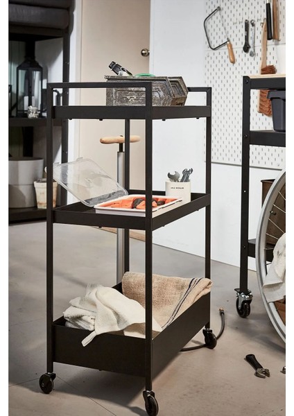 Siyah Çelik 3 Katlı Tekerlekli Servis Arabası, Dayanıklı ve Şık Tasarım fırsatları