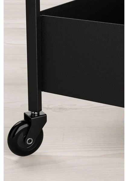 Siyah Çelik 3 Katlı Tekerlekli Servis Arabası, Dayanıklı ve Şık Tasarım