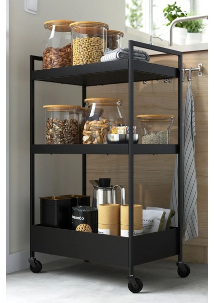 Siyah Çelik 3 Katlı Tekerlekli Servis Arabası, Dayanıklı ve Şık Tasarım