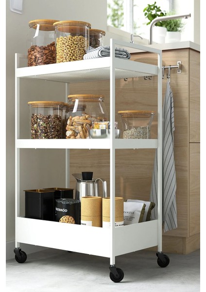 3 Katlı Çelik Servis Arabası, Tekerlekli ve Beyaz, Dayanıklı ve Kullanışlı Tasarım