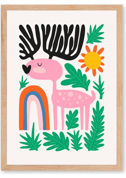 Rainbow Deer - Doğal Ahşap Çerçeveli Tablo - Renkli Çocuk Posteri fırsatları