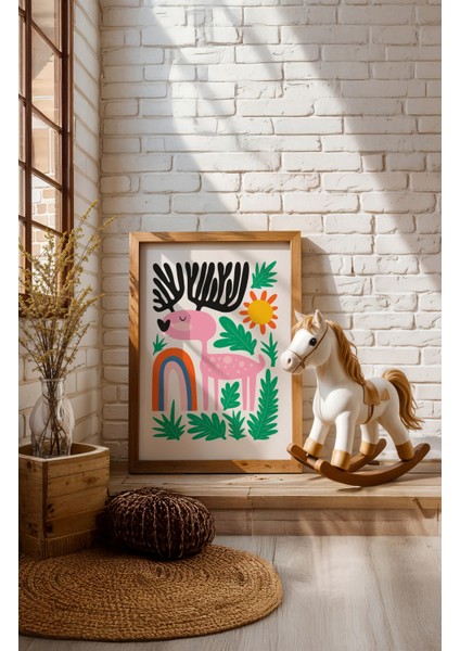 Rainbow Deer - Doğal Ahşap Çerçeveli Tablo - Renkli Çocuk Posteri indirimleri
