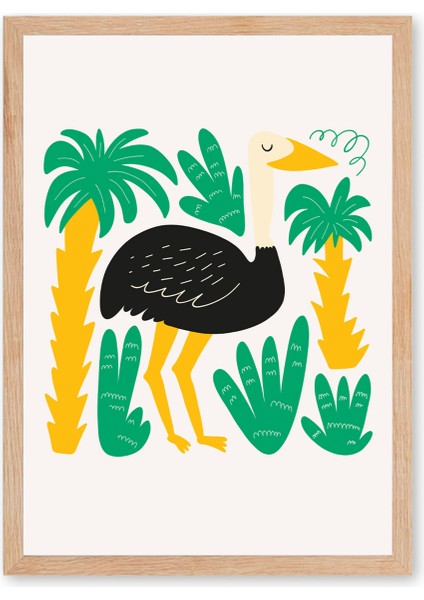 Jungle Ostrich - Doğal Ahşap Çerçeveli Tablo - Eğlenceli Çocuk Posteri fırsatları