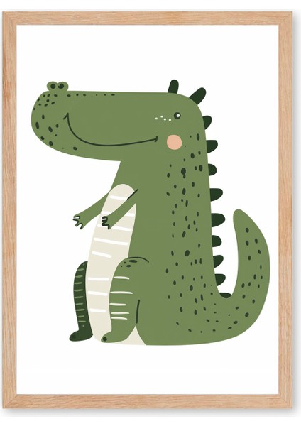 Green Dino - Doğal Ahşap Çerçeveli Tablo - Sevimli Çocuk Posteri fırsatları