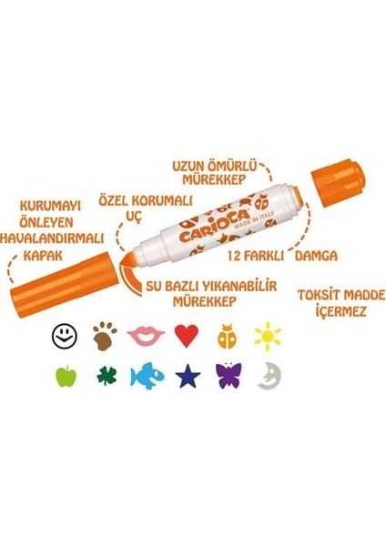 Carioca Stamperello Yıkanabilir Keçeli Boya Kalemi 12LI (Bir Ucu Keçeli Kalem Bir Ucu Damga) modelleri