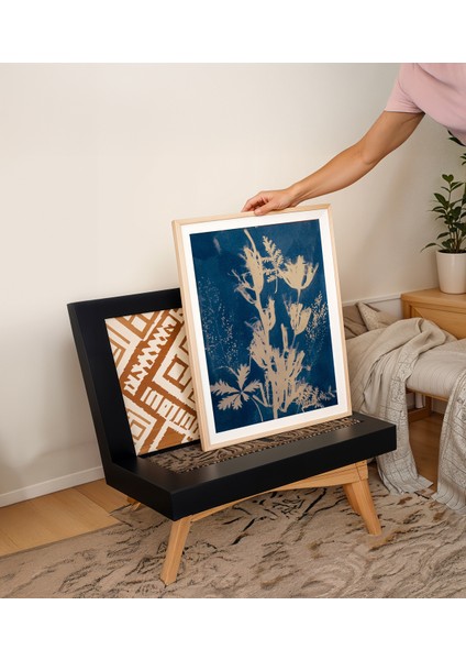 Blue Botanical Shadows - Doğal Ahşap Çerçeveli Tablo - İllüstrasyon Poster - Curated By Push