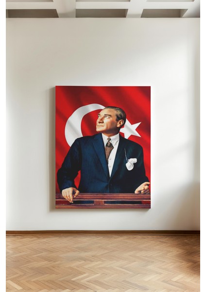 Mustafa Kemal Atatürk Türk Bayraklı - Kanvas Tablo - Takım Elbiseli Lider Portresi Duvar Dekoru