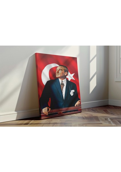 Mustafa Kemal Atatürk Türk Bayraklı - Kanvas Tablo - Takım Elbiseli Lider Portresi Duvar Dekoru fırsatları