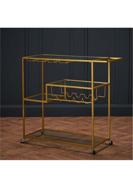 Şeffaf Cam ve Altın Renkli Metal Şaraplık ve Sunum Arabası