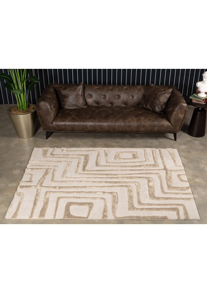 Cozy Czy-02 Modern Geometrik Desenli Toz Vermez Yumuşak Dokulu Bej Makine Halısı – Salon, Yolluk, Yatak Odası, Mutfak, Çocuk Odası Için Uygun Czy-02