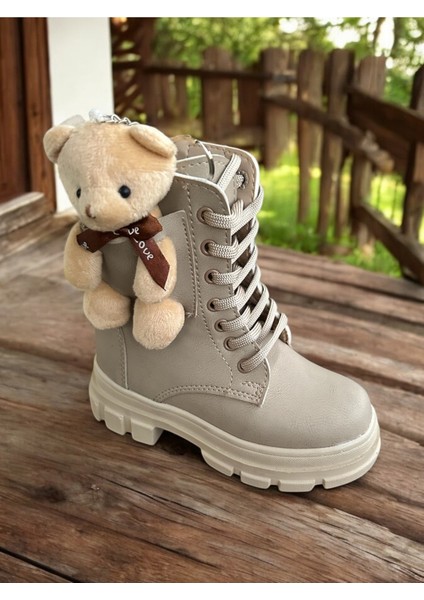 Ayıcıklı Soğuk Geçirmez Kaymaz Taban Kız Çocuk Bot, Fermuarlı Kız Çocuk Krem Bot, Bej Çocuk Bot