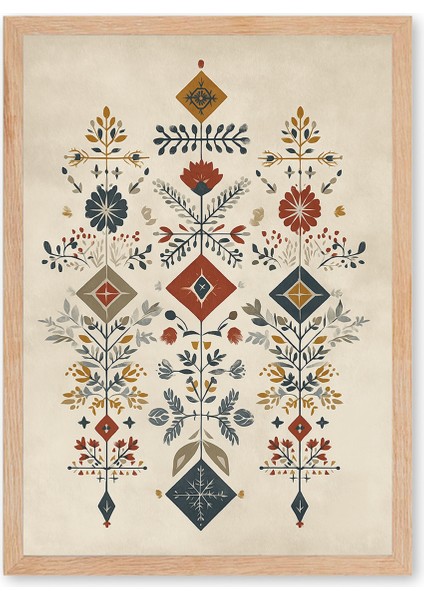 Nordic Folk Pattern - Doğal Ahşap Çerçeveli Tablo - Illustration Poster - Curated By Push