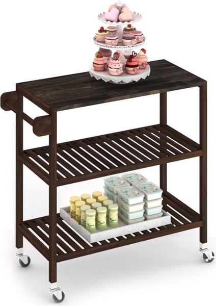 Masif Akasya Mutfak Servis Arabası, 799X349X850 Mm, Espresso Renk