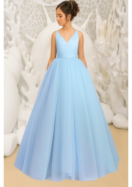 Prenses Model Kız Çocuk Abiye –fiyonk Detaylı Tül Elbise Modeli