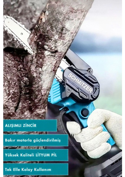 Schmıtzer Pro 21V Pro Metal Dişli Çift Akülü Çelik Şansuzab Şarjlı Dal Ağaç Budama Makinesi Testeresi fiyatları