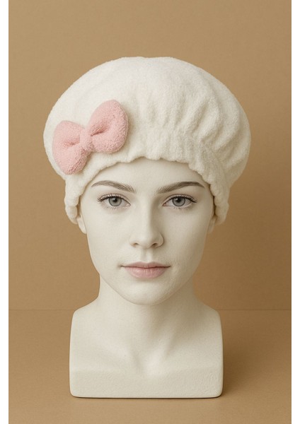 Saç Kurulama Banyo Duş Bonesi – %100 Pamuk , Fiyonklu Beyaz