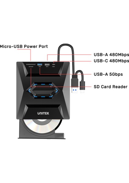 Unıtek Harici Dvd-Rw USB Type-C/a+5in1 Dock T1037A