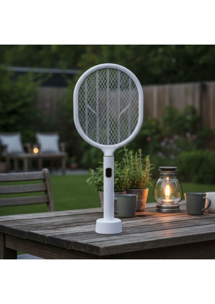 USB Şarjlı Beyaz Renk Kendiliğinden Standlı Şarj Göstergeli Uv Işıklı Sinek Öldürme Raketi LTD-718 (5250)