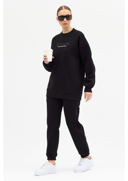 Kadın Space Baskılı Bisiklet Yaka Paçası Lastikli Oversize Eşofman Takımı